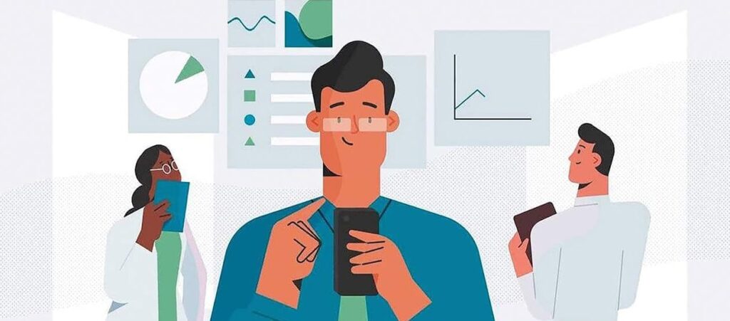 Illustration of man looking at smartphone.